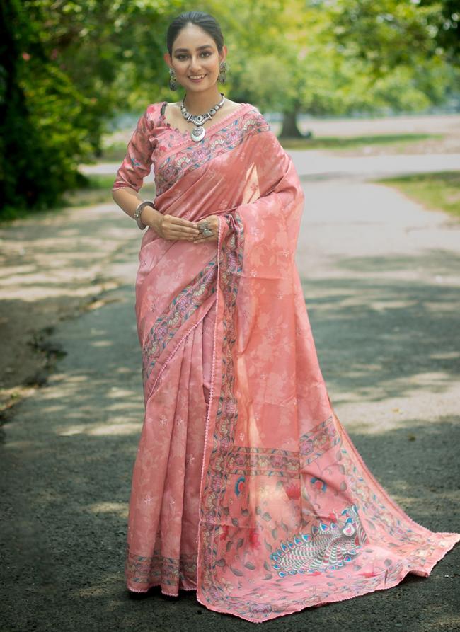 Silk Pink Wedding Wear Embroidery Work Saree